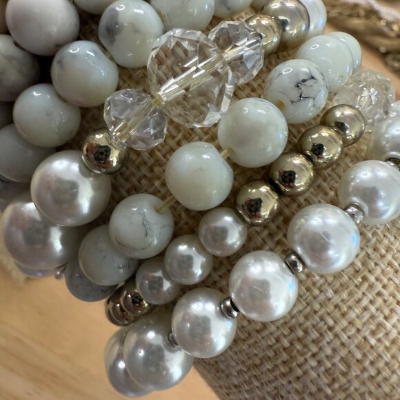 White Beaded Stretch Bracelet Stack Set Of 10 For Women Wearable Or Craft - Picture 6 of 13